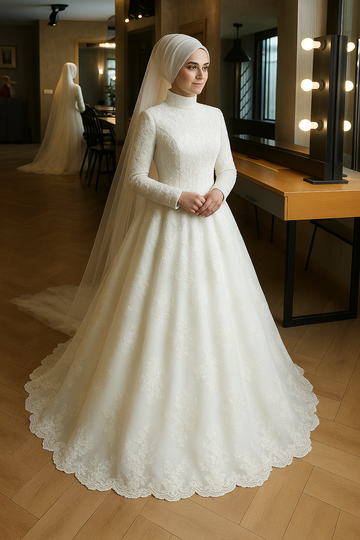 Long Sleeve White Dignified Wedding Dress