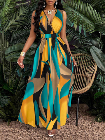 Print Deep V Neckline Cinched Waist Fit And Flare Dress Maxi Women Outfit