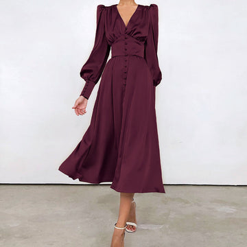 Design Balloon Sleeve Nipped Waist French Satin Dress