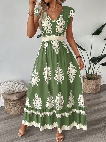 Trim Cap Sleeve Cinched Waist Ruffle Hem A-Line Dress