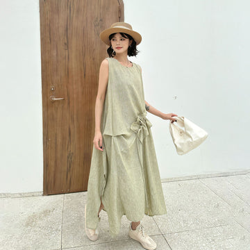 Women's Retro Crew Neck Patchwork Ruffled Drawstring Sleeveless Dress