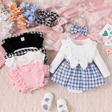 Long Sleeve Stitching Woven Style Plaid Skirt Bow Romper