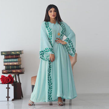 Chiffon Long Muslim Embroidered Crew Neck Dress With Headscarf