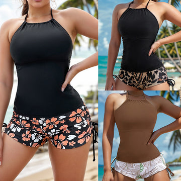Halterneck Printed Halter Bikini Split Swimsuit For Women