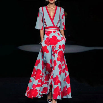 Sommer V-Ausschnitt Split Kurzarmkleid Mode Blumendruck A-Linie Lange Kleider Party Club Strandkleidung für Damen
