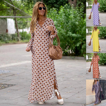 Sommer Geometrisch bedrucktes langes Kleid mit V-Ausschnitt, modische langärmelige Schlitzkleider für Damen