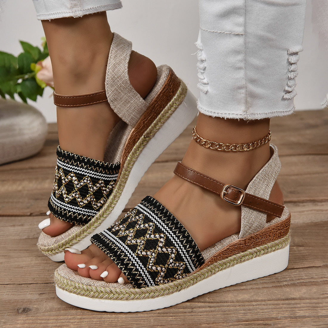 Flat Bottom Wedge Sandals with Buckle