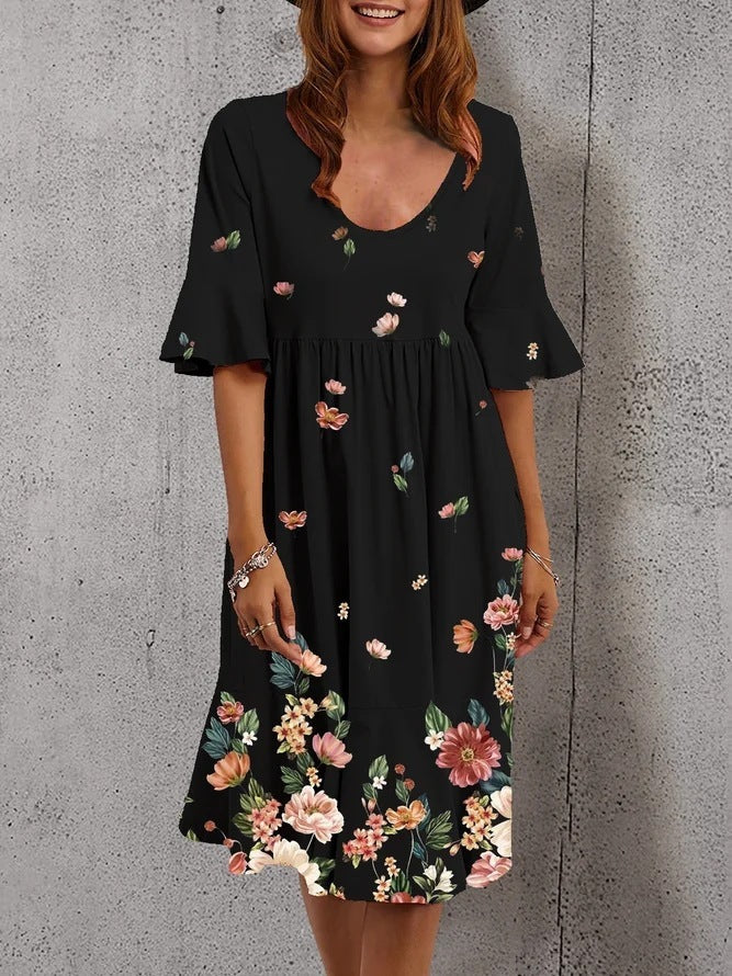 Half Sleeve Elegant Dress Printed Loose Midi Dress