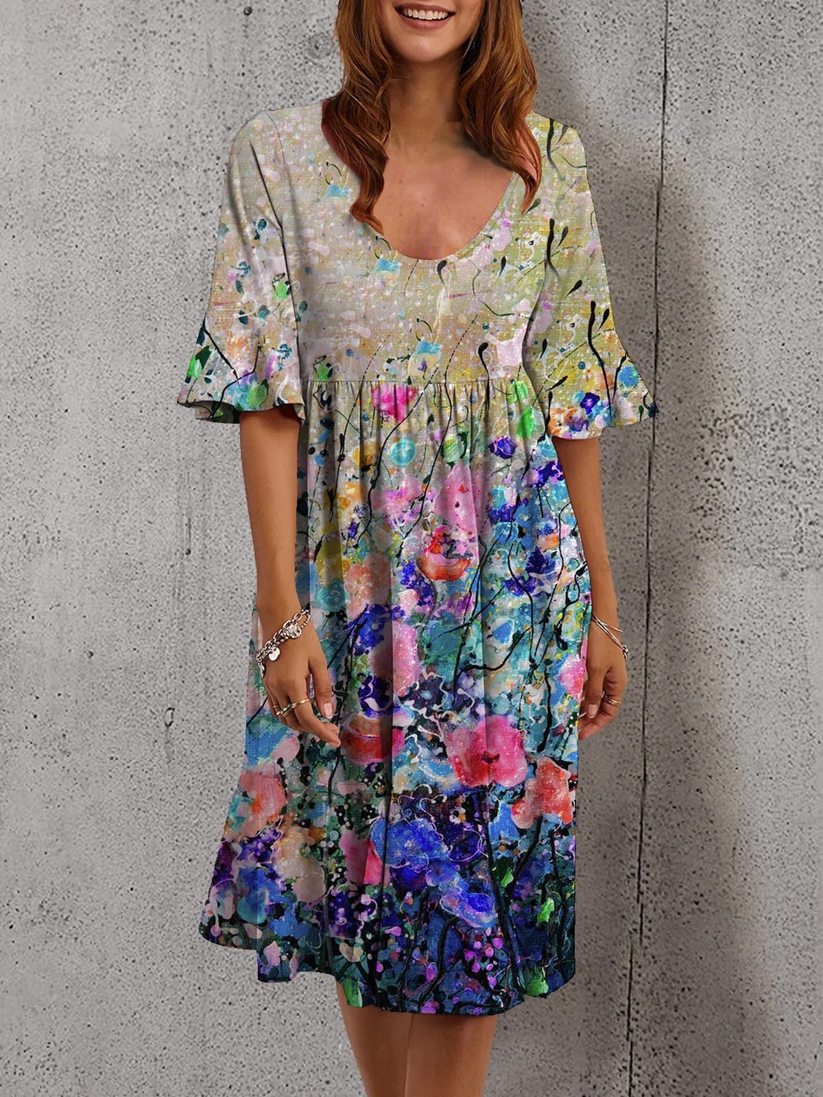 Half Sleeve Elegant Dress Printed Loose Midi Dress