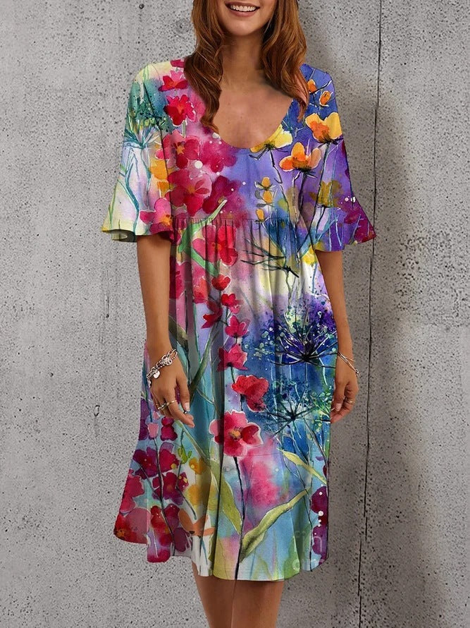 Half Sleeve Elegant Dress Printed Loose Midi Dress