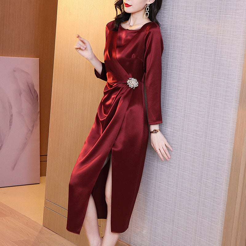 Satin Dress Female Red Dress Long Skirt