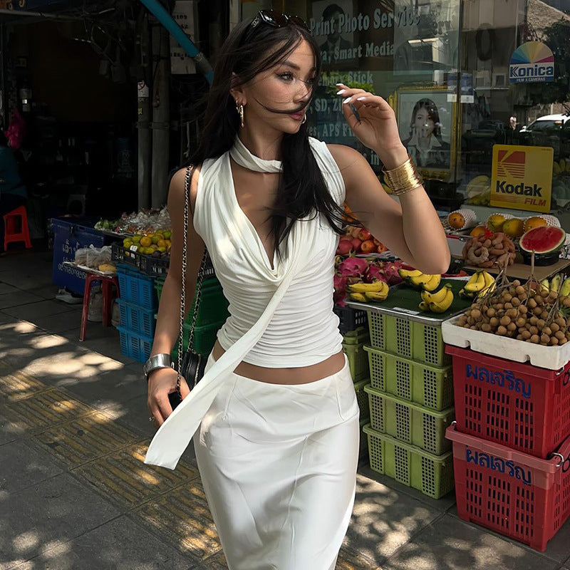 Lace-up Tied Top Outerwear Ribbon Swing Collar Sleeveless Vest For Women