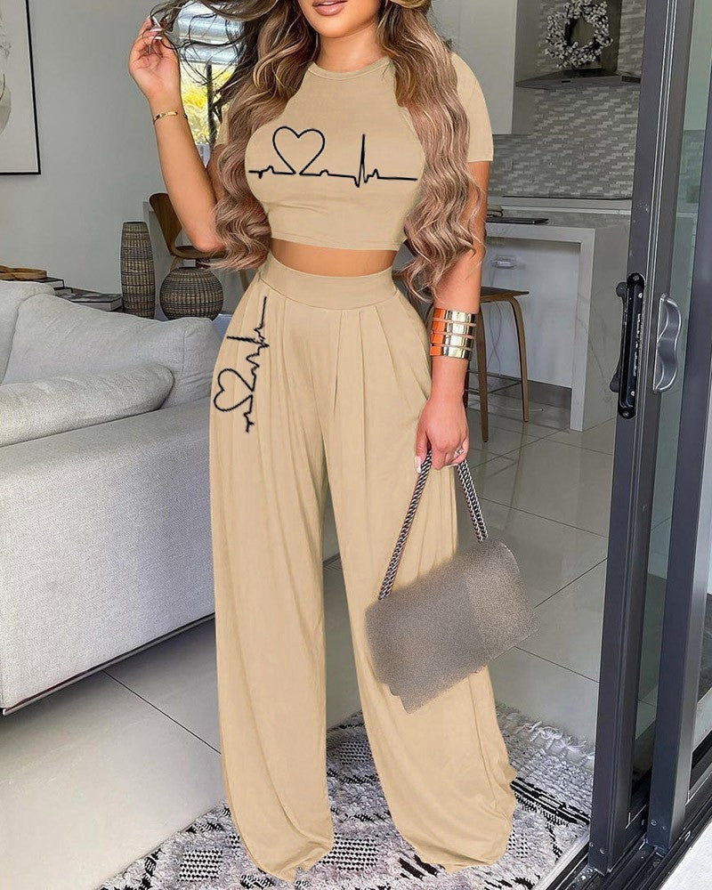Printed Short Sleeve Top Pants Set