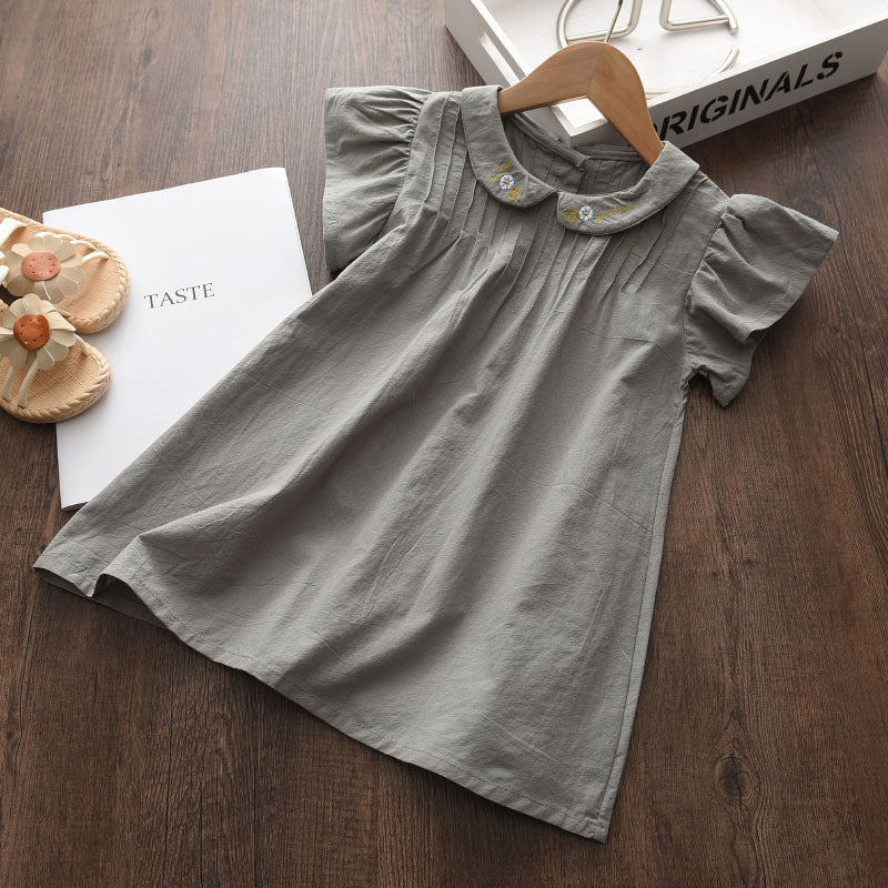 Princess Dress Flying Sleeves Embroidered Doll Collar Solid Color