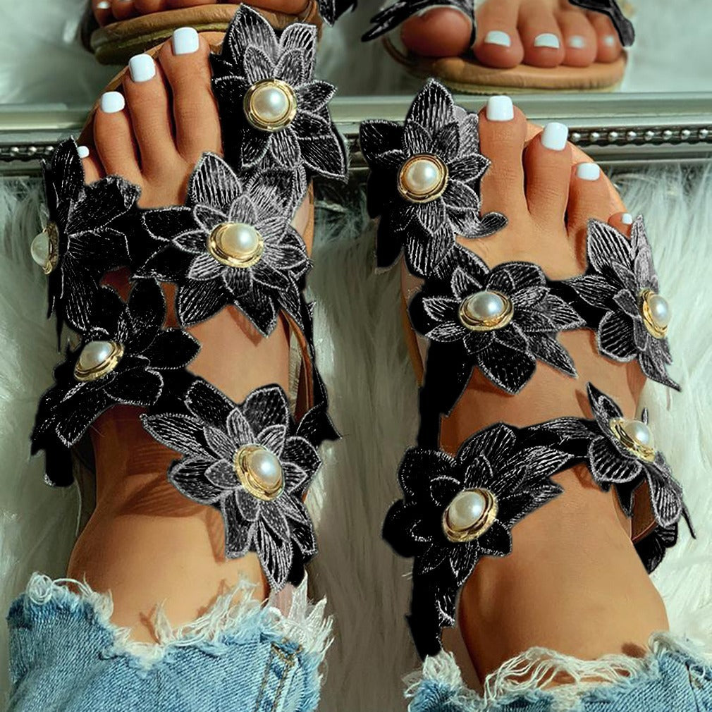 Lace Chiffon Pearl Flower sandals