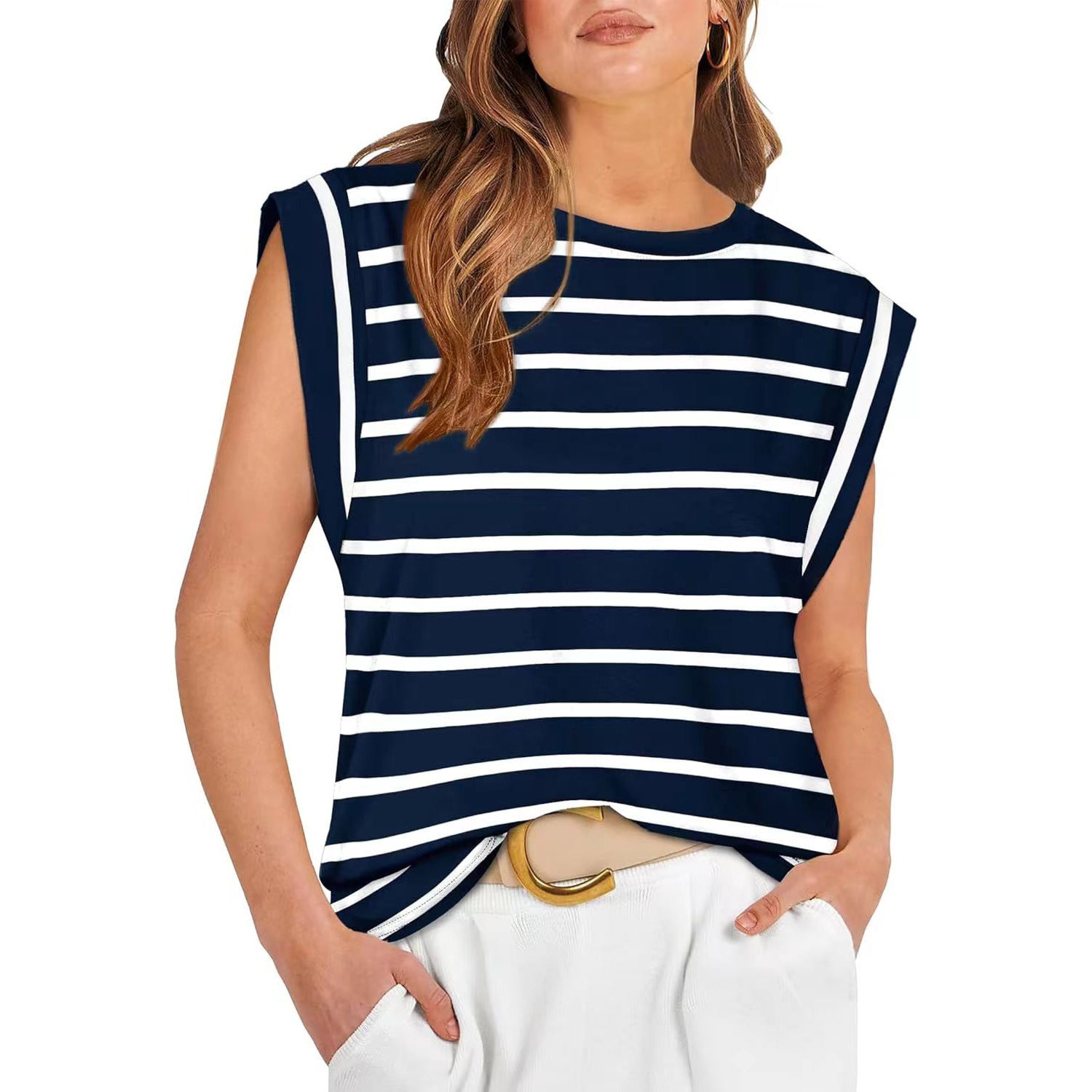 Round Neck Loose Short Sleeves Striped Top For Women