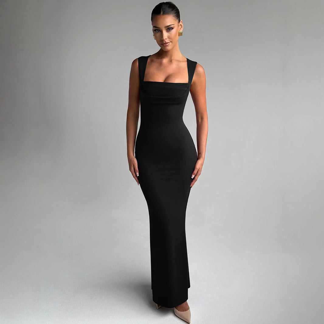 Fashion Temperament Slim Fit Square Collar Sleeveless Street Solid Color Slim Fit Dress Women
