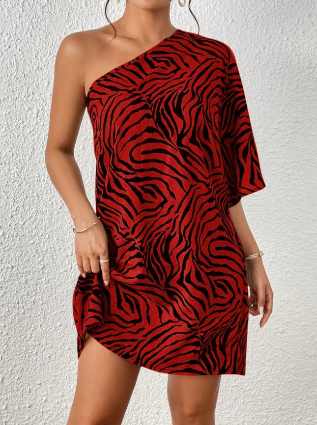 Women's Casual Asymmetrical Collar Zebra Print Vacation Dress