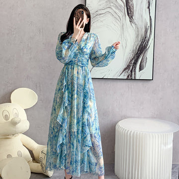 Printed Long Dress Star Yarn Chiffon Ruffled Swing Dress