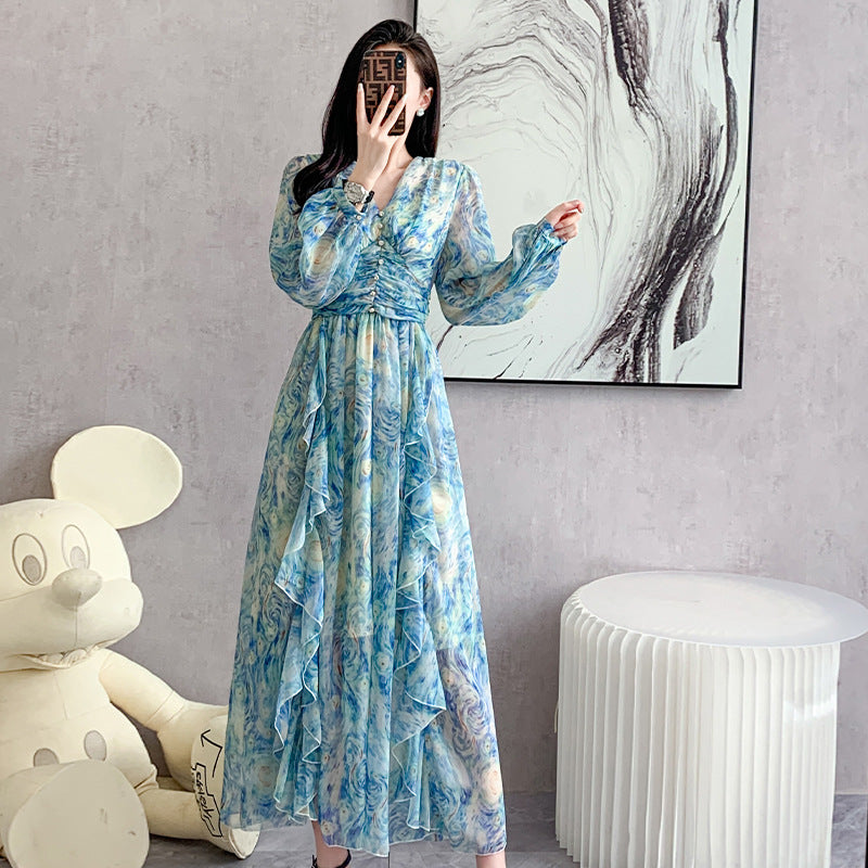 Printed Long Dress Star Yarn Chiffon Ruffled Swing Dress