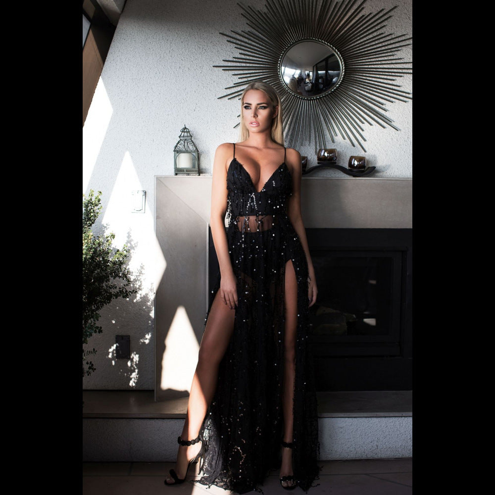 Strap sequined mop dress split long dress