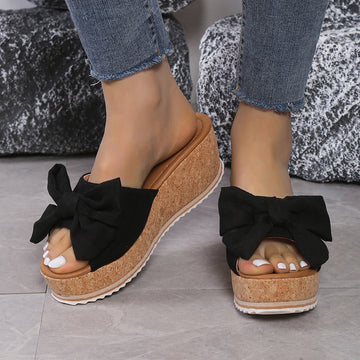 Leopard Bow Wedge Slippers