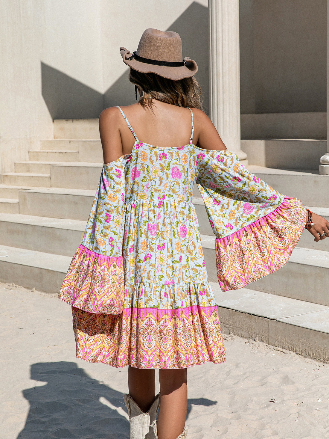 Loose Printed Off Shoulder Tassel Dress