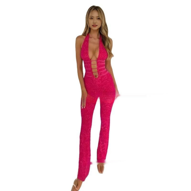 Solid Color Lace Hollow-out Semi-transparent Halter Drawstring Jumpsuit