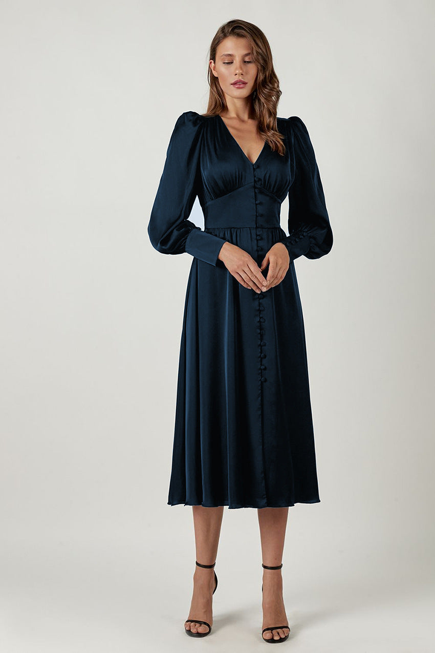 Design Balloon Sleeve Nipped Waist French Satin Dress