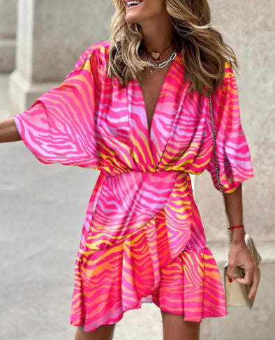 Sleeve V Neck Hem Irregular Hem Dress For Women