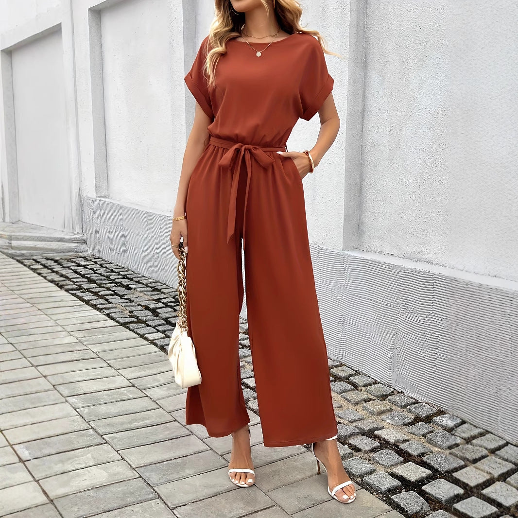 Solid Color Belted Jumpsuit – Elegant & Comfy