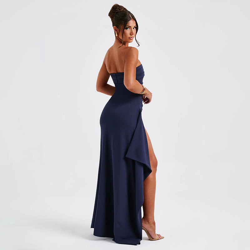 Strapless Split Long Dress Summer Fashion Pleated Bridesmaid Dress For Womens Party  Wedding Clothing