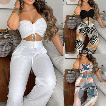 White Solid Color Tube Top Trousers Suit Dress