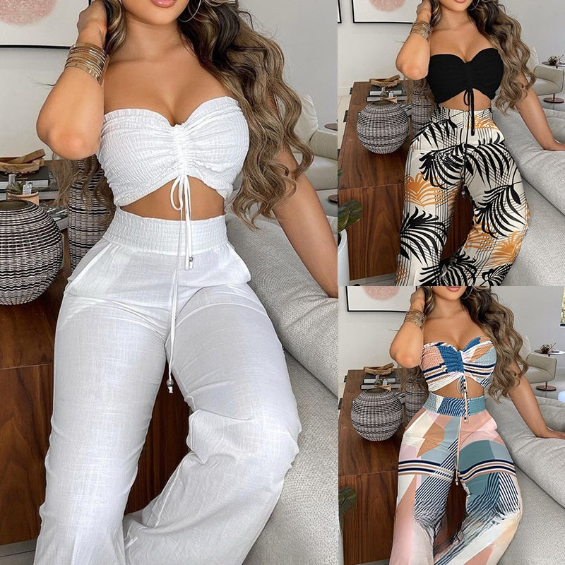 White Solid Color Tube Top Trousers Suit Dress