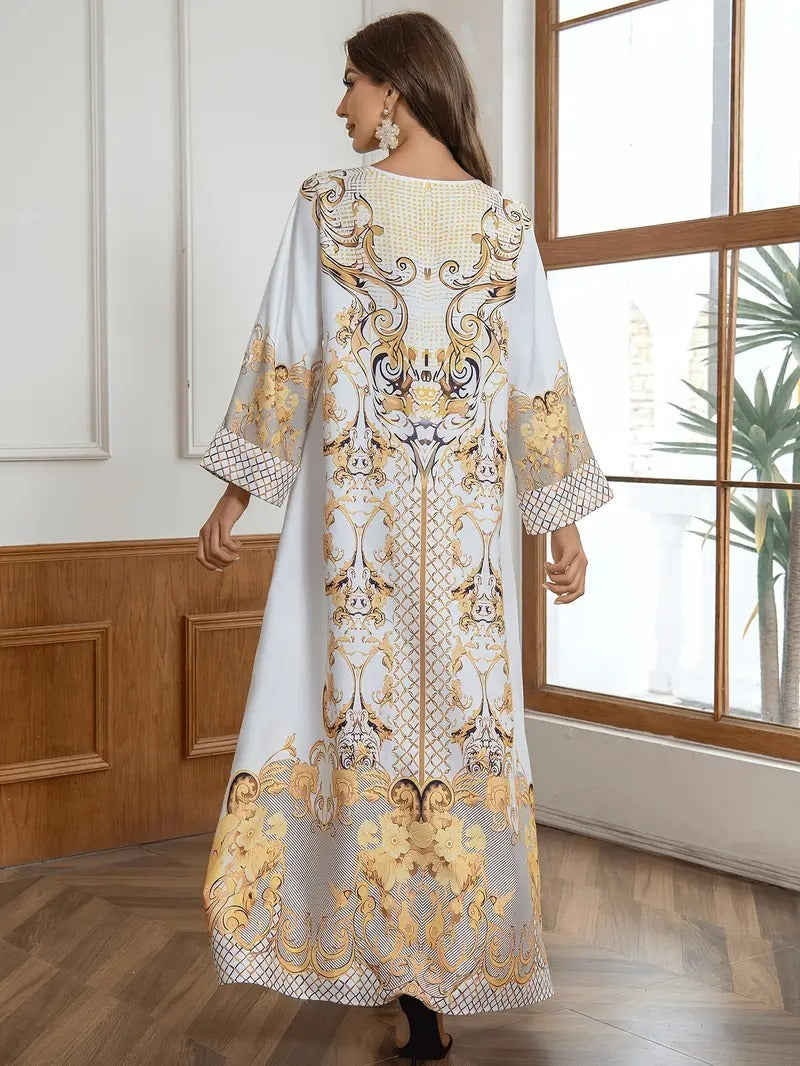 Rhinestone Print Long Abaya Dress