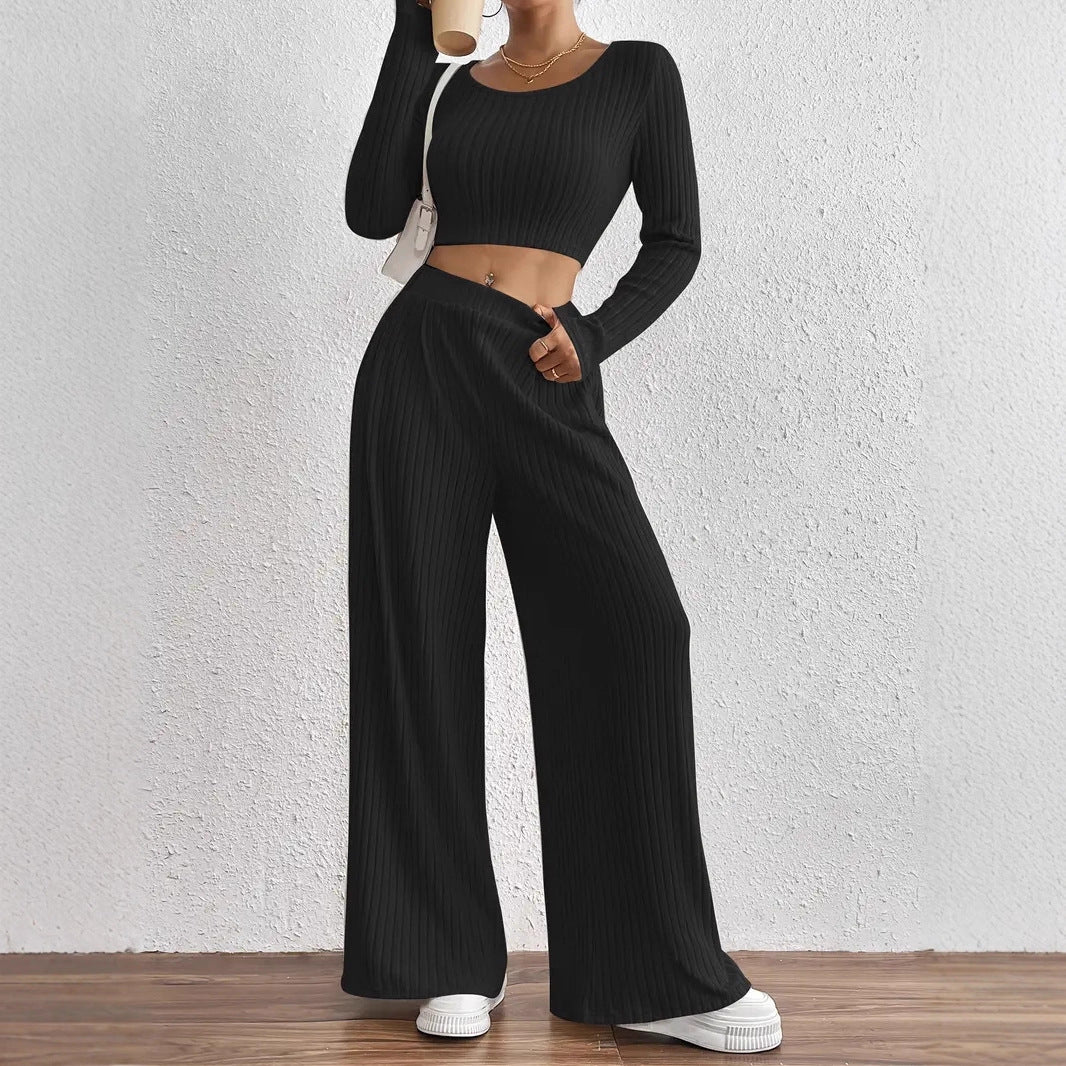 Solid Rib Knitted Trousers Suit