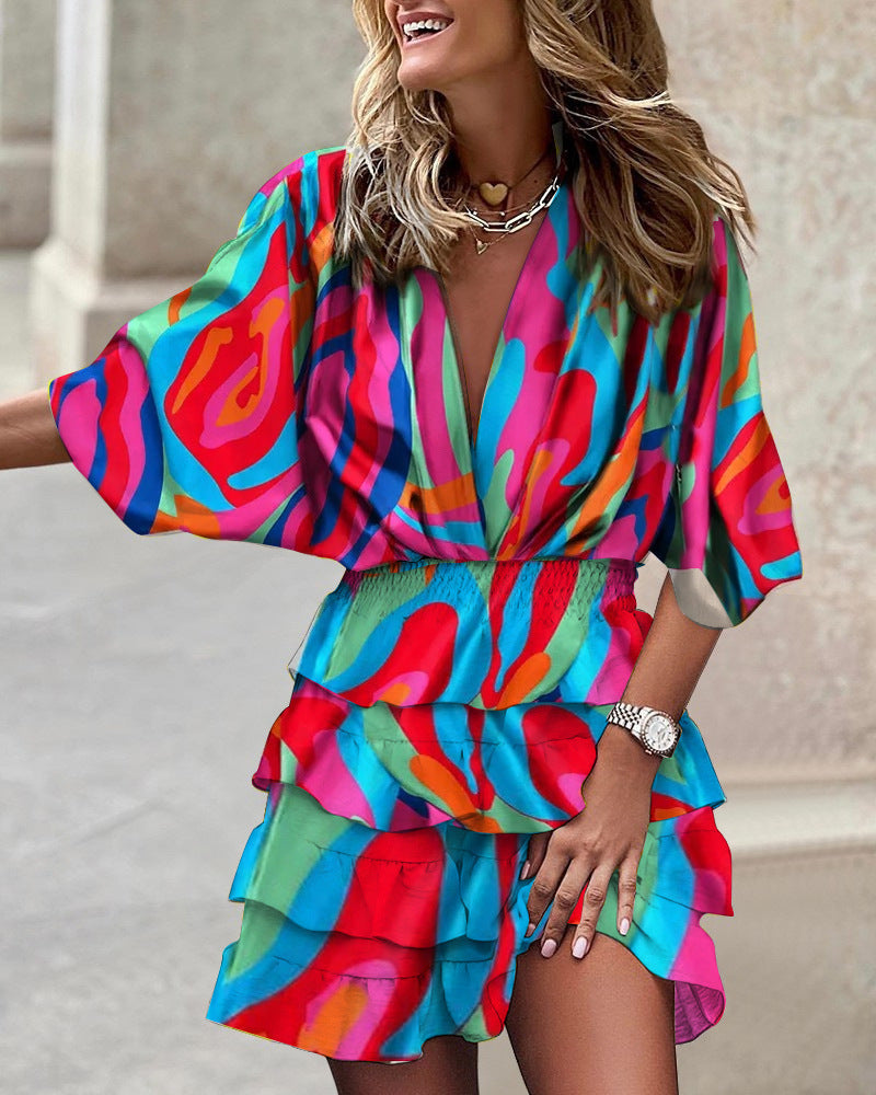 Sleeve V Neck Hem Irregular Hem Dress For Women