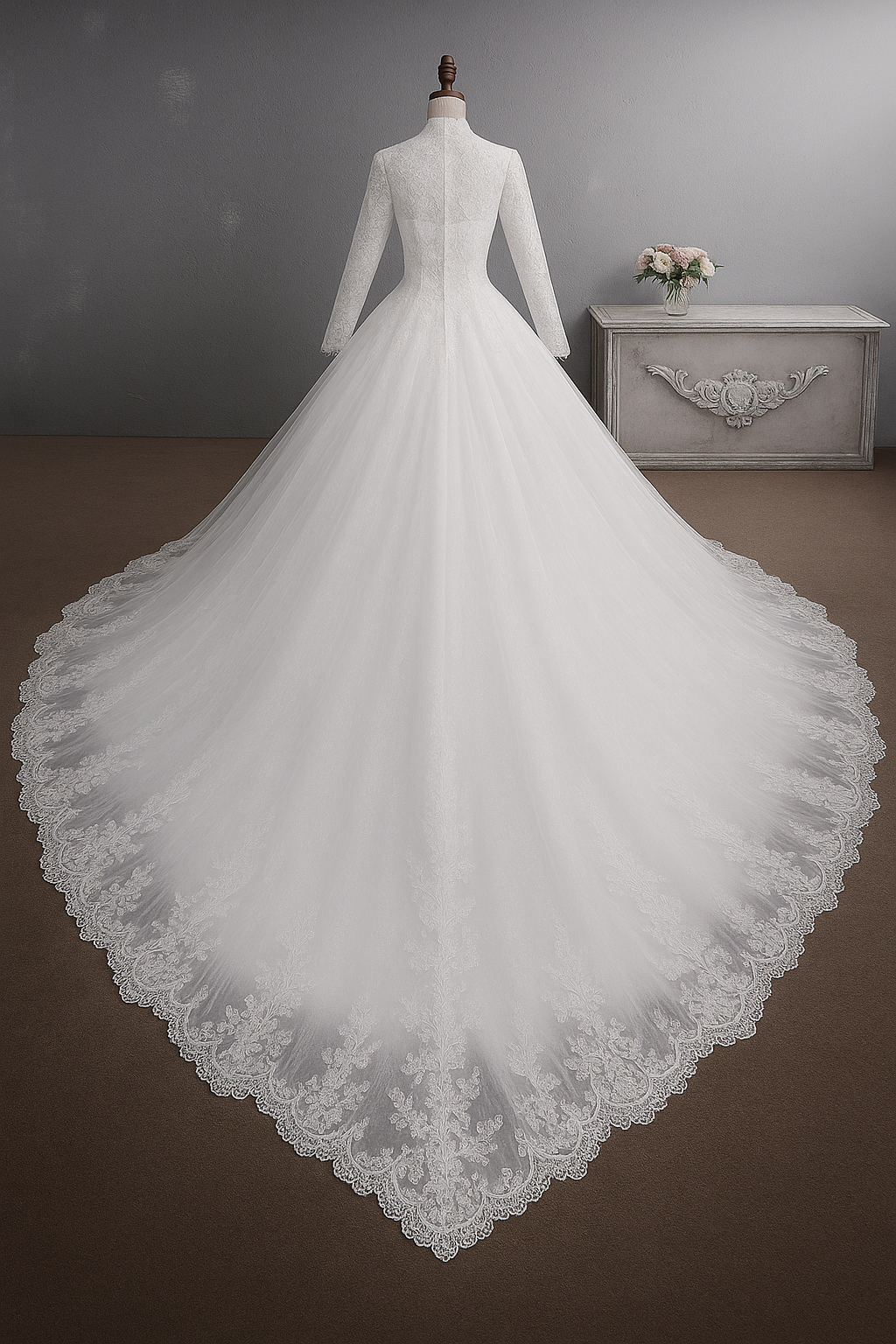 Lace Wedding Dress Bridal Stand-up Collar Long-sleeved Large Tail Large Size