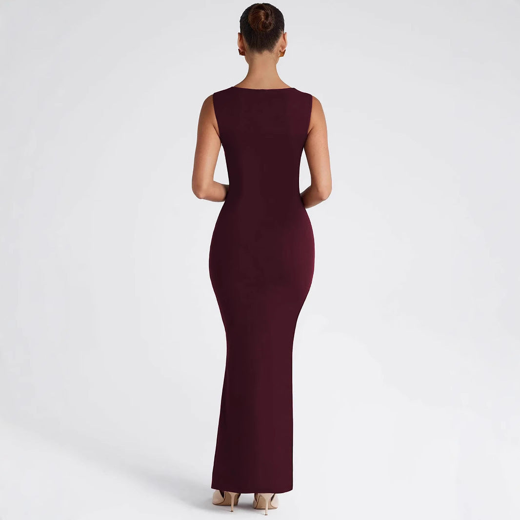 Fashion Temperament Slim Fit Square Collar Sleeveless Street Solid Color Slim Fit Dress Women