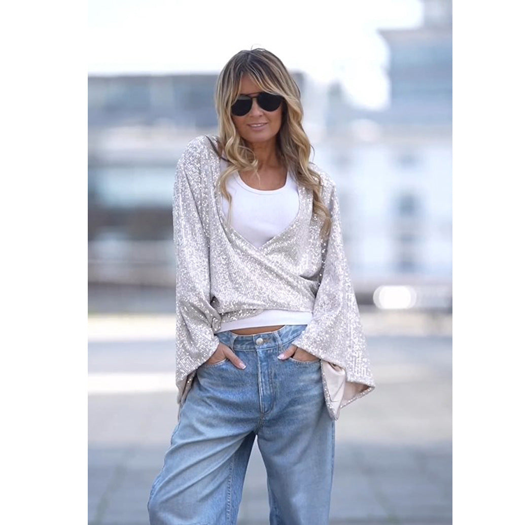 Sequined Lace-up Fashion Casual Shirt Loose Party Bell Sleeve Top For Women