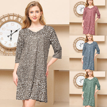 Splice Printed V-neck Medium Sleeved Dress For Women