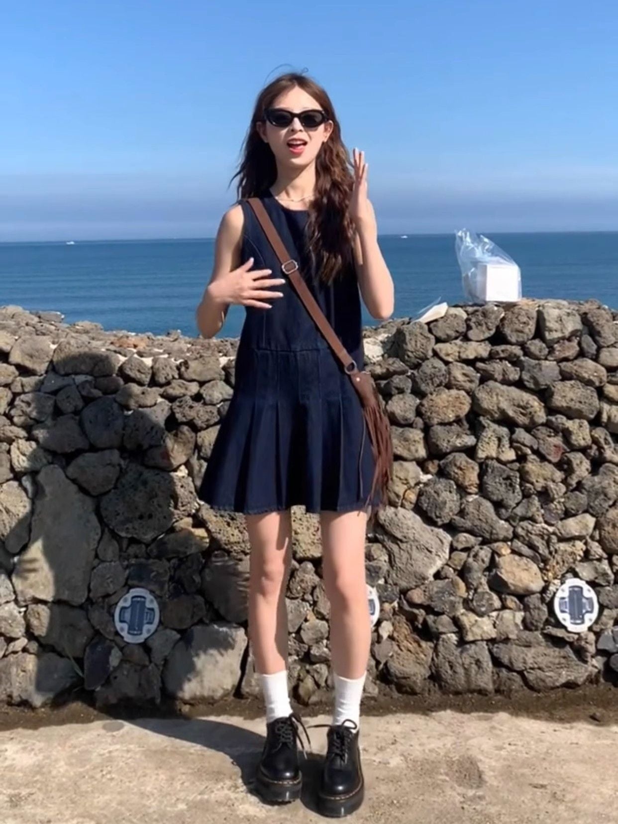 Retro Literary Denim Vest Skirt Pleated Women's Summer Blue Slim Commuting Sleeveless Dress