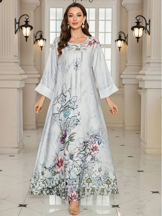 Elegant Floral Print Long Sleeve Abaya Dress