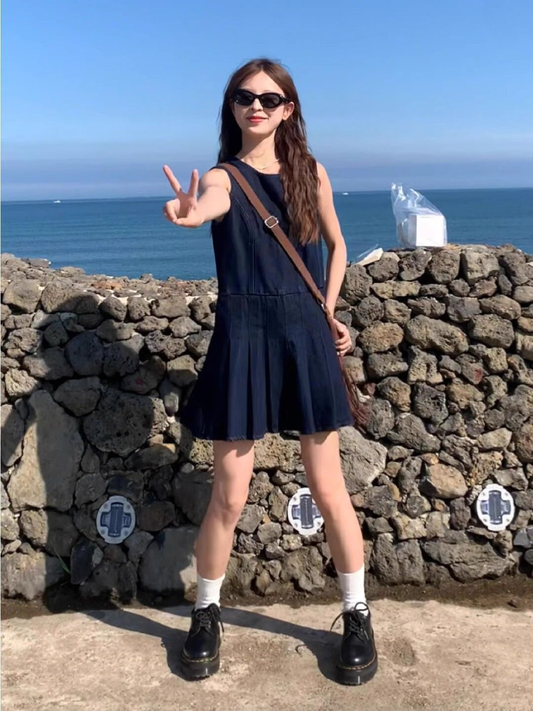 Retro Literary Denim Vest Skirt Pleated Women's Summer Blue Slim Commuting Sleeveless Dress