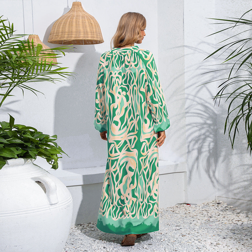 V-Ausschnitt Abstrakter Druck Loses langes Langarm-Damenkleid
