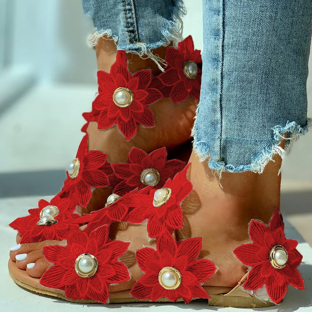 Lace Chiffon Pearl Flower sandals