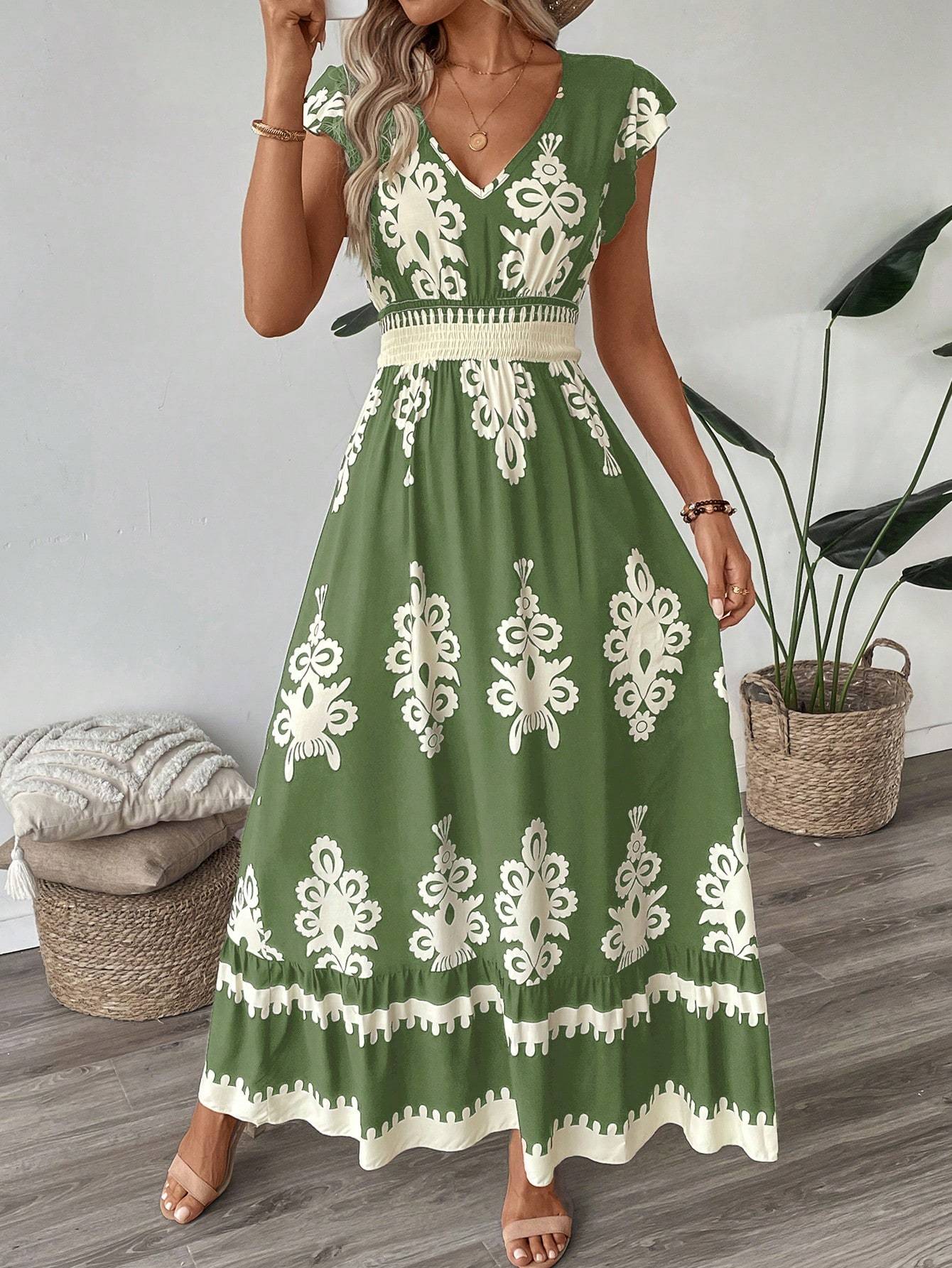 Trim Cap Sleeve Cinched Waist Ruffle Hem A-Line Dress