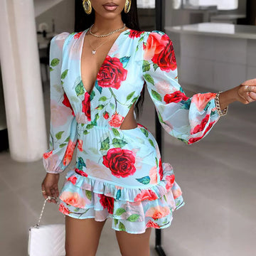 Fashion V-neck Fashion Women Hollow Out Printed Dress