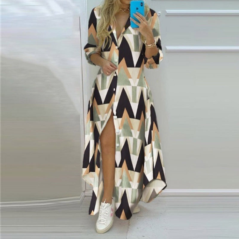 Button Fashion Print Long Sleeve Shirt Sexy Dress Women