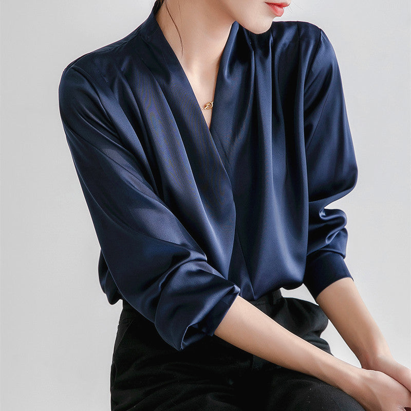 Women's Satin Temperament Design V-neck Retro Loose Top